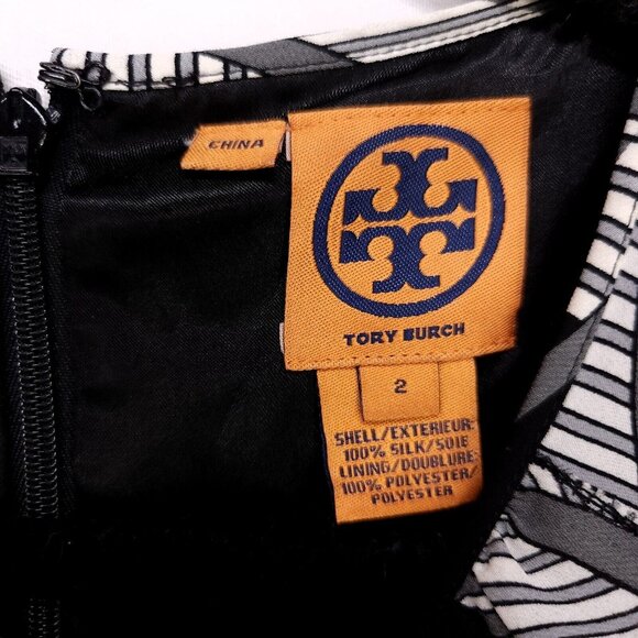 Tory Burch 100% Silk Dress Sleeveless A-Line Ruffle Top Size 2 Chevron Gray - Picture 11 of 13